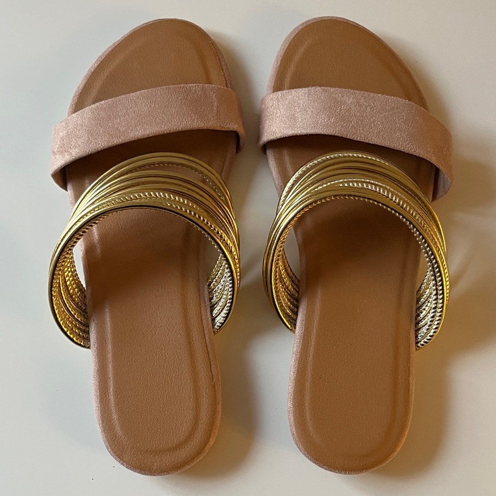 Pink/Tan and Gold Women's Flat Grecian Strappy Sandals